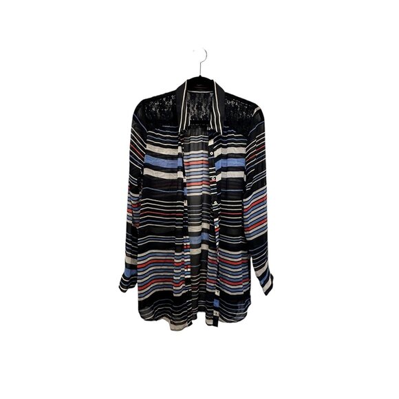 🌸3/$15🌸Navy & White Striped Sheer Long Sleeve Blouse with Lace Upper Back sz M - Picture 1 of 7